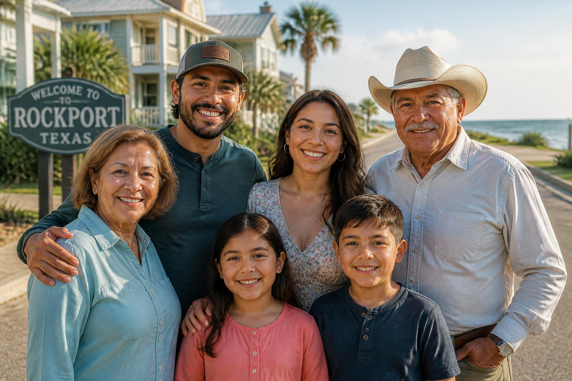 A multigenerational Texas family standing together on a sunny coastal street
